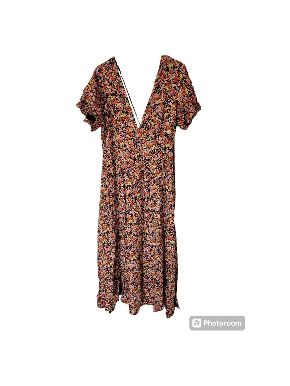 NWT Rewind Floral Puff Sleeve Deep V Backless Boho Midi Dress Size XXL